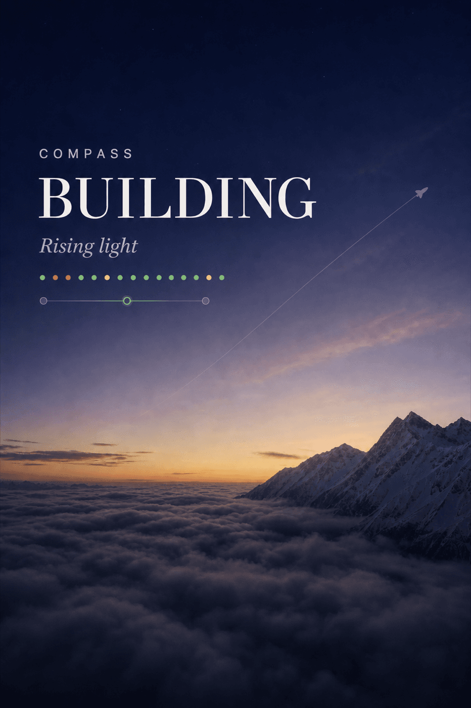 Compass trajectory view showing a building state at rising light over a mountain horizon.