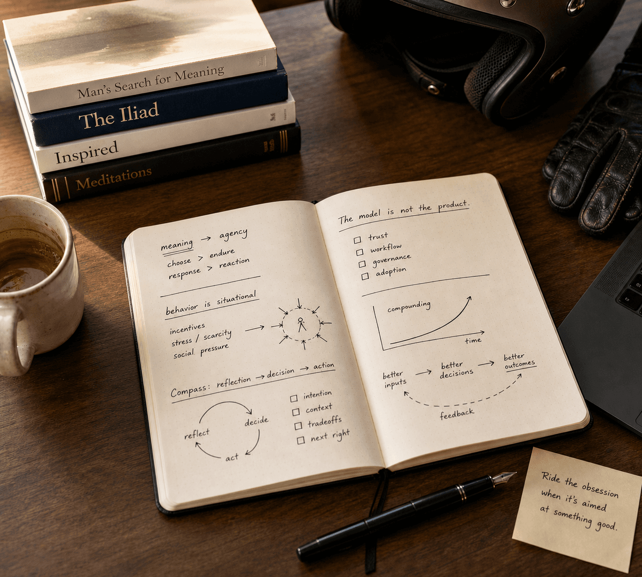 Jose’s working desk with an open notebook of decision-system sketches, books, coffee, a motorcycle helmet, gloves, and a laptop