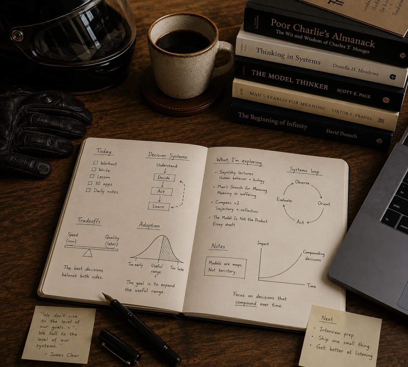 A working desk with an open notebook, books, coffee, and a motorcycle helmet